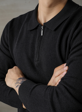 LUUD 时尚感黑色针织衫男士修身气质半拉链毛线衣Polo翻领长袖衫