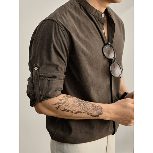 LUUD 老钱风质感灯芯绒新中式立领休闲衬衫男潮流卷袖单穿小衬衣