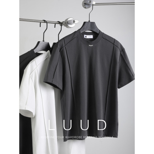 LUUD 夏季重磅双面冰爽棉轻奢休闲圆领短袖男士潮流褶线拼接感T恤