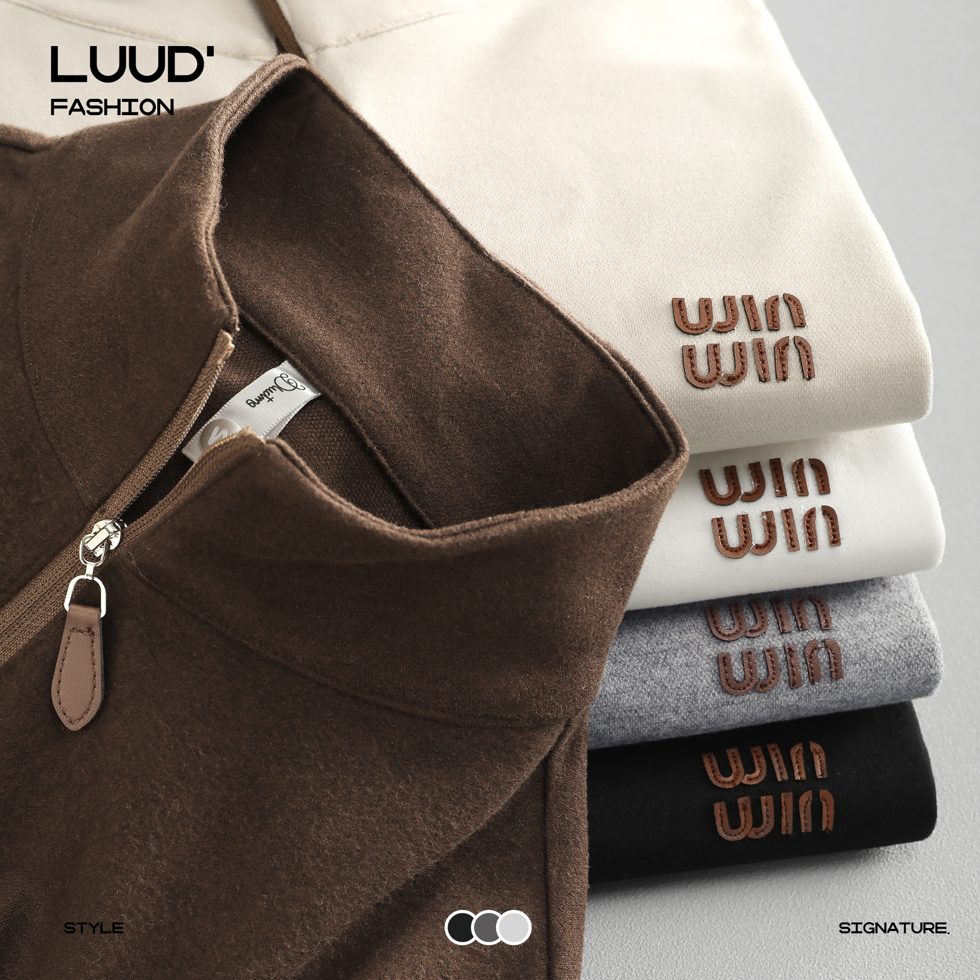 LUUD 立体贴胶半拉链卫衣男士秋冬日常休闲重磅立领套头长袖上衣