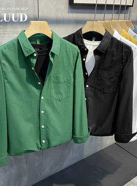 LUUD 今年很流行的复古绿长袖衬衫韩版百搭翻领上衣男士休闲衬衣