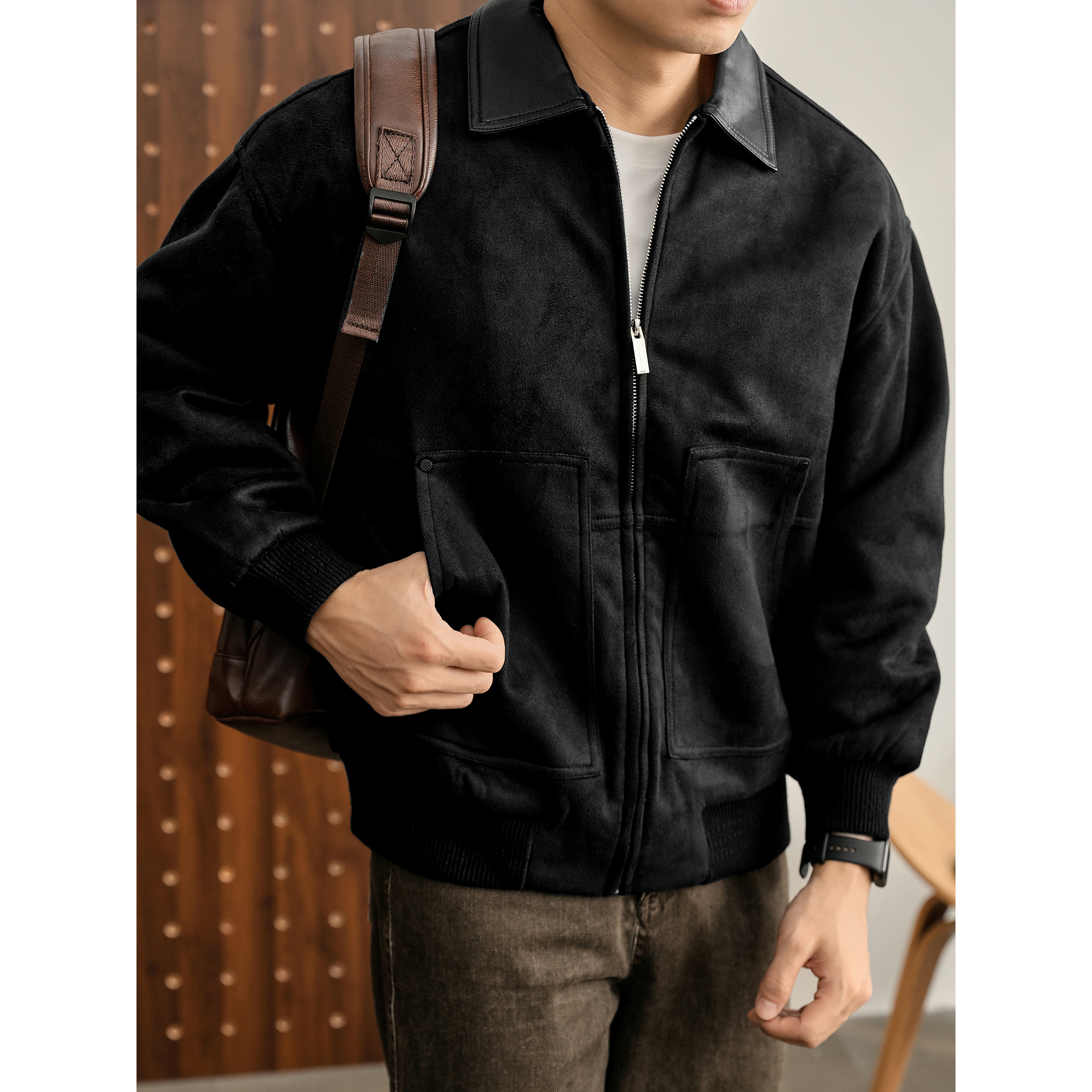 LUUD 复古机车boxy短宽款麂皮绒夹克男秋冬皮质翻领拼接拉链外套