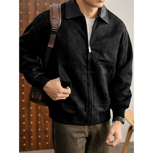 LUUD 麂皮绒夹克男秋冬皮质翻领拼接拉链外套 复古机车boxy短宽款