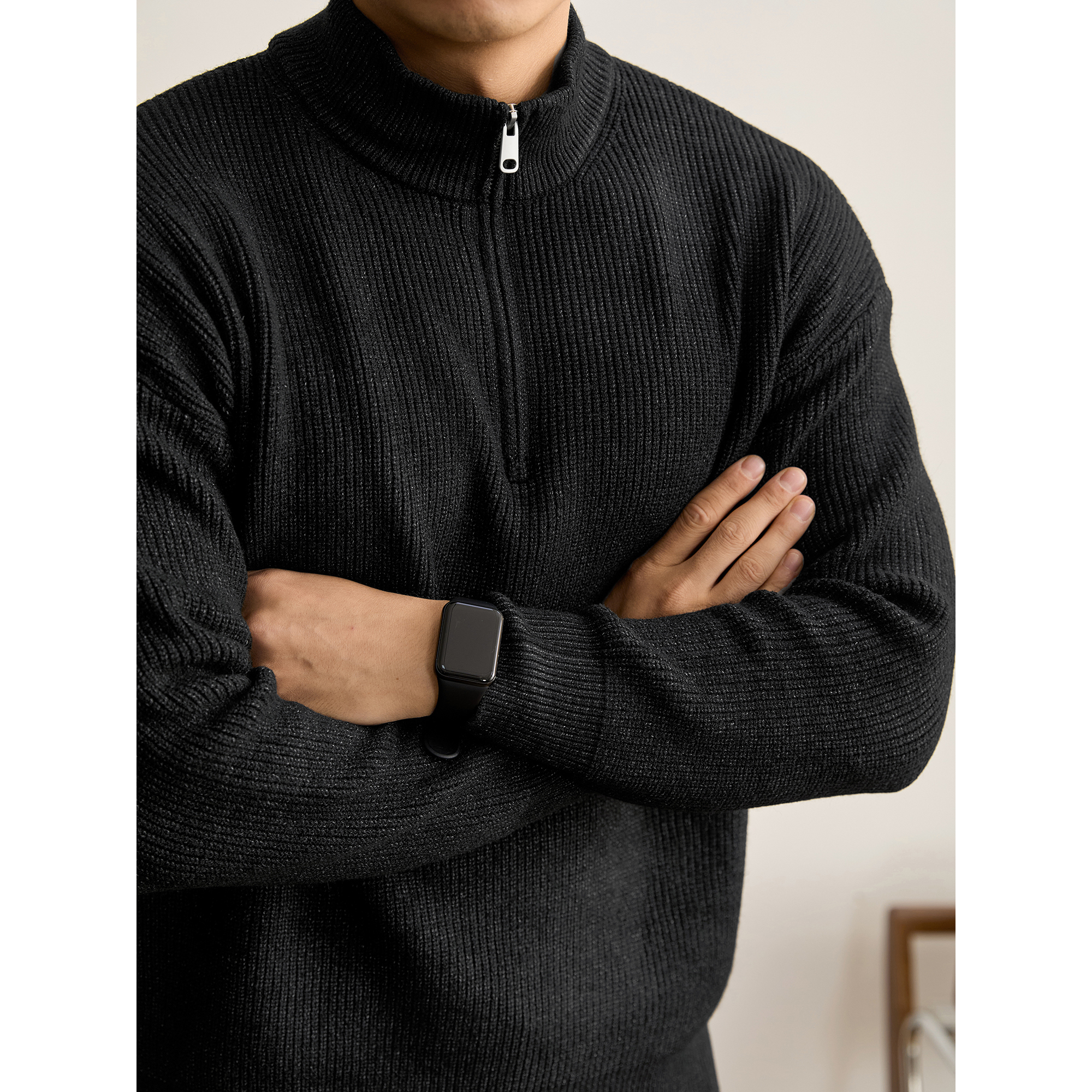 LUUD 高克重710g保暖抗起球男士针织衫秋冬季拉链半开襟立领毛衣