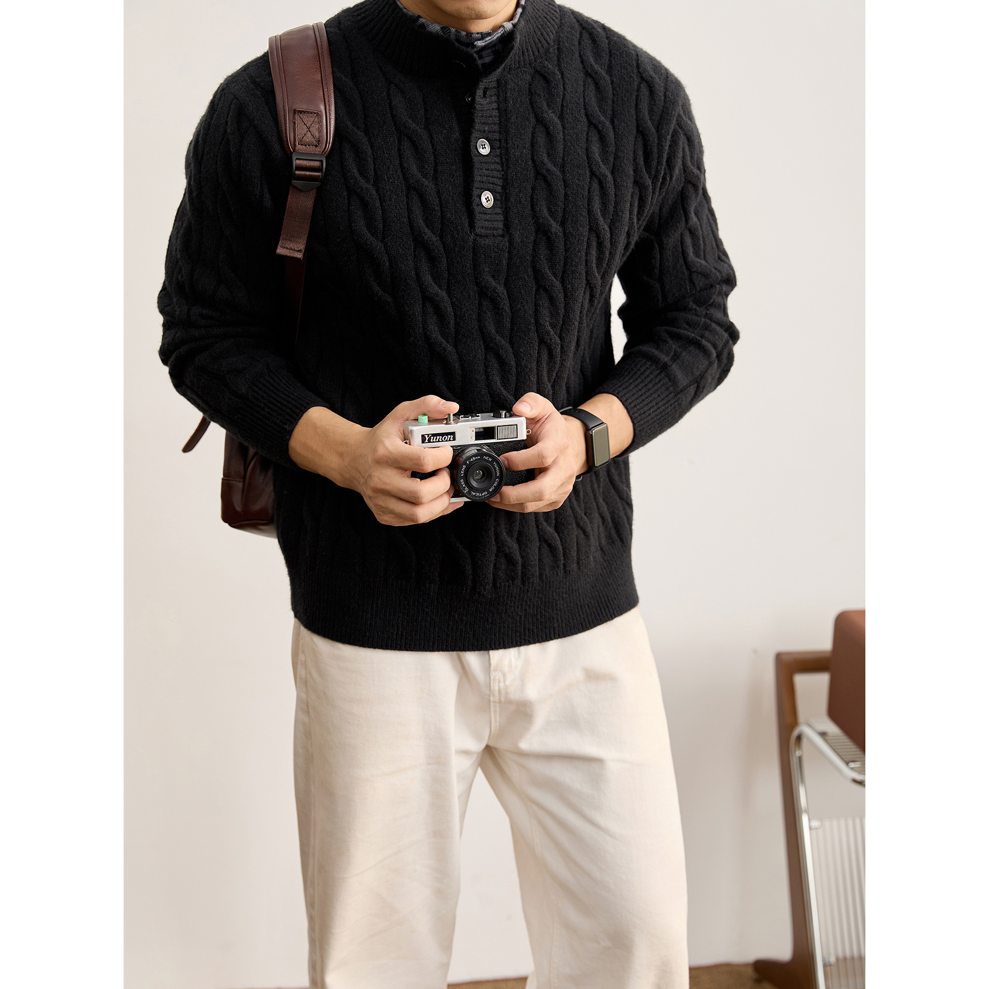 LUUD 假两件拼接格纹亨利领针织衫男秋冬季麻花肌理双层领口毛衣,男装,针织衫/毛衣,淘宝优惠券,粉丝福利购,淘宝优惠卷