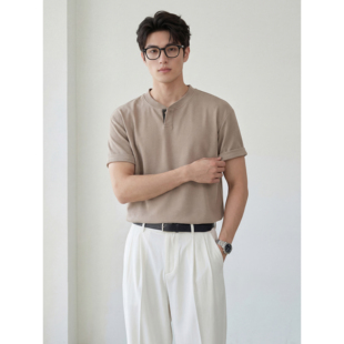 撞色一粒扣领口短袖 LUUD 百搭款 亨利领T恤夏季 上衣 贵气老钱风男士