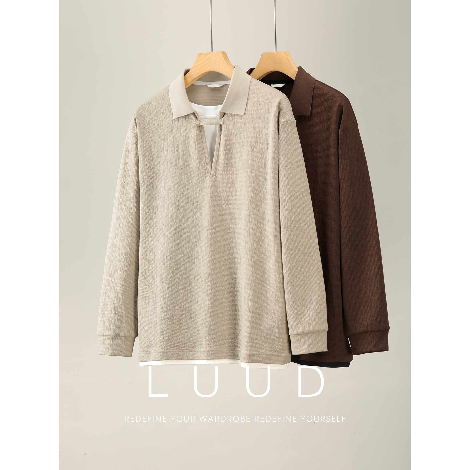 LUUD 复古微皱泡泡肌理感假两件针织衫V型纽扣拼接带POLO领卫衣男