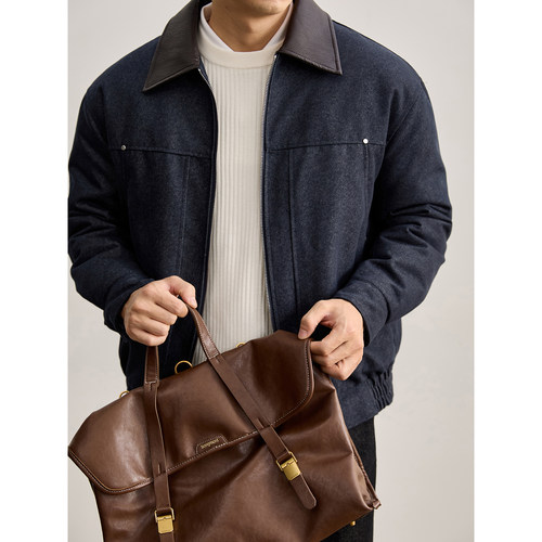 LUUD 复古工装风皮领拼接保暖夹克外套85白鸭绒铆钉牛仔羽绒服男