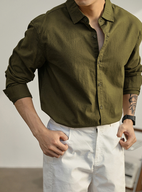 LUUD 潮牌军绿色复古风翻领长袖衬衫男士秋季棉麻料圆弧下摆衬衣