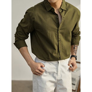 秋季 LUUD 男士 衬衫 棉麻料圆弧下摆衬衣 潮牌军绿色复古风翻领长袖