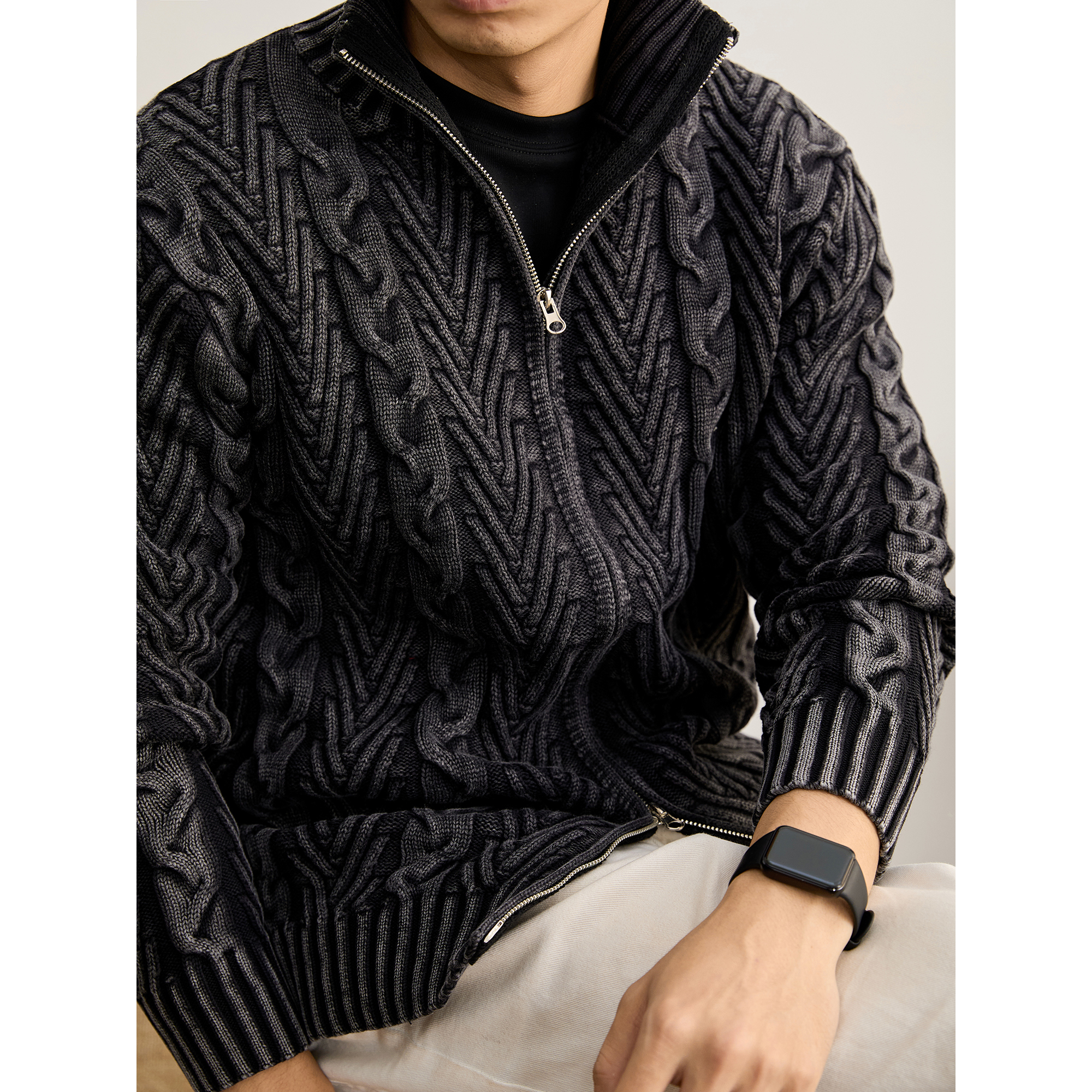 LUUD 100%纯棉立体肌理针织开衫男冬重磅渐染水磨抗起球毛衣外套