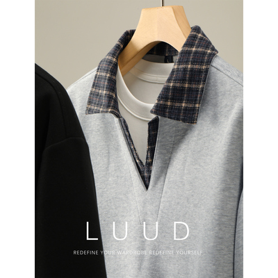 LUUD 休闲潮牌假两件拼格纹V领卫衣男款通勤百搭套头长袖T恤上衣