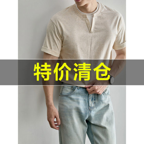 特价 假两件拼接亨利领短袖T恤男士老钱透气水洗棉通勤风休闲上衣
