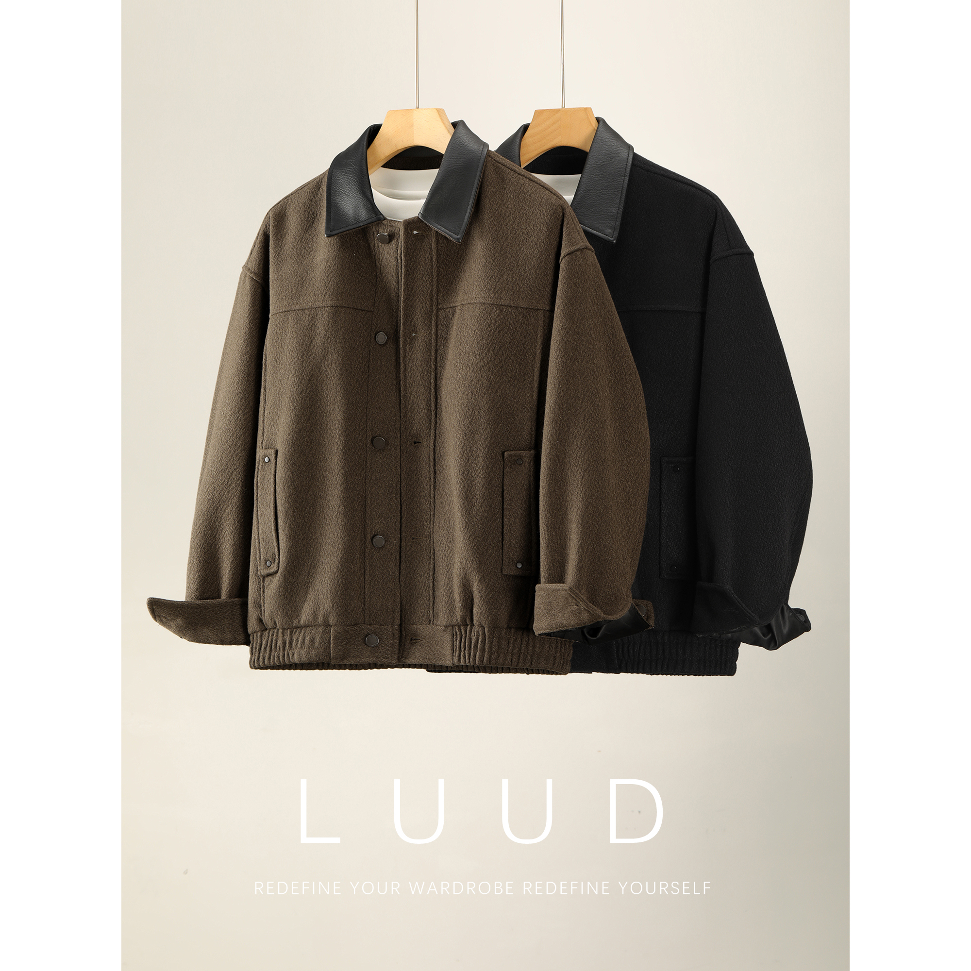 LUUD 复古硬朗皮革翻领拼接保暖夹克男士羊毛混纺老钱风毛呢外套