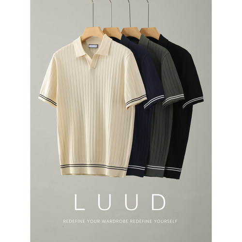 LUUD 夏季男士条纹撞色海鸥领针织POLO衫坑条肌理感翻领短袖T恤衫