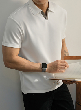 LUUD 夏季潮流撞色半开翻领Polo衫针织短袖男通勤百搭白色保罗衫