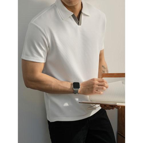 LUUD 夏季潮流撞色半开翻领Polo衫针织短袖男通勤百搭白色保罗衫