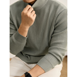 男士 LUUD 清新雅致灰绿色高领毛衣坑条肌理感基础净色内搭针织衫