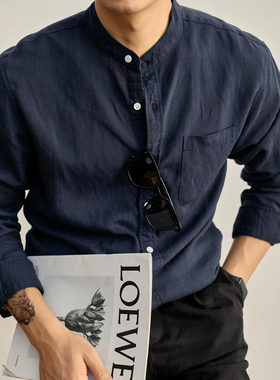 LUUD 轻奢沉稳老钱口袋款衬衣天丝亚麻休闲长袖复古中式立领衬衫