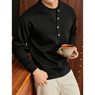 饰黑色简约时尚 卫衣男秋纽扣装 上衣T恤 雅奢老钱风假两件长袖 LUUD