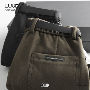 磨毛小脚裤 LUUD 半松紧腰长裤 男腰带款 子 斜纹理直筒休闲毛呢西裤