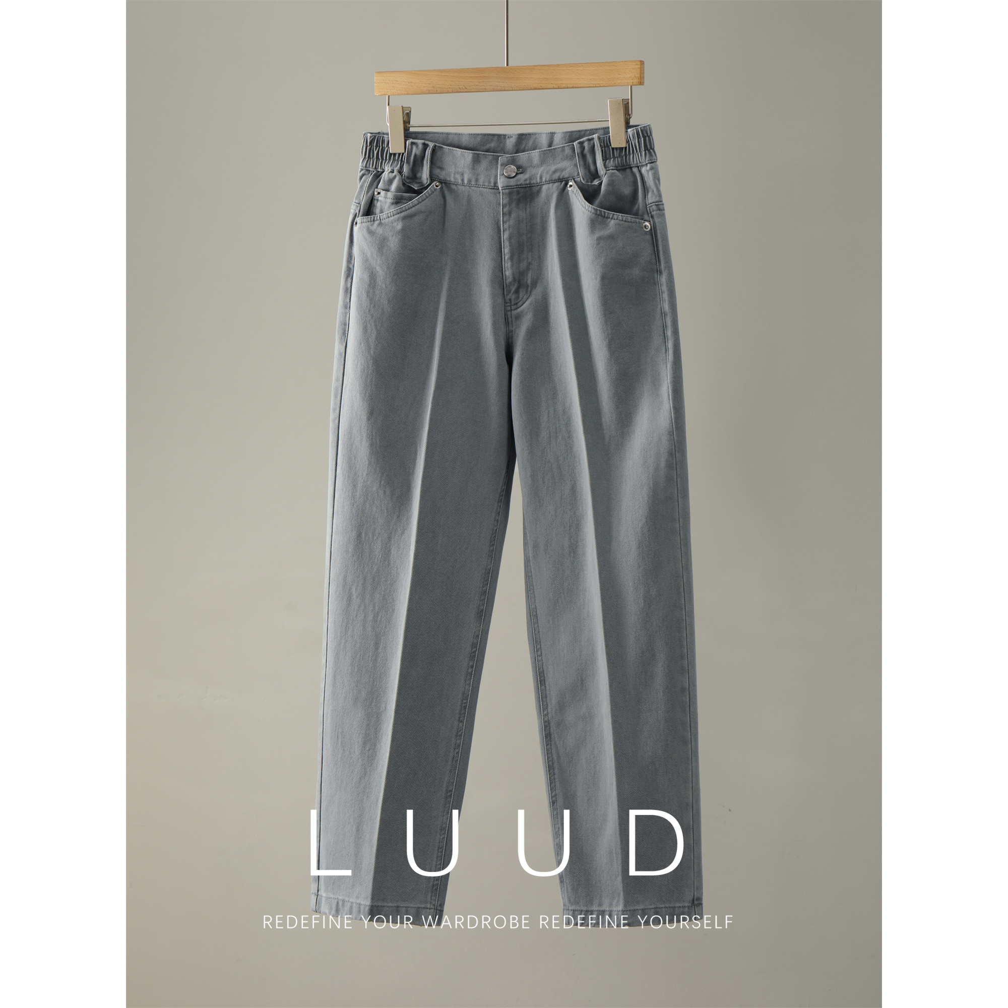 LUUD 100%纯棉极简纯色直筒牛仔裤男士斜纹半松紧腰立体裁剪长裤