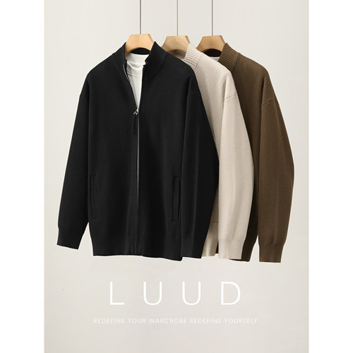 LUUD 老钱风坑条肌理立领针织毛衣男春秋天丝莱赛尔混纺拉链外套