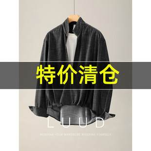 老钱格调防牛仔布立领V型衬衫 特价 辑明线层次拼接假两件衬衣男士