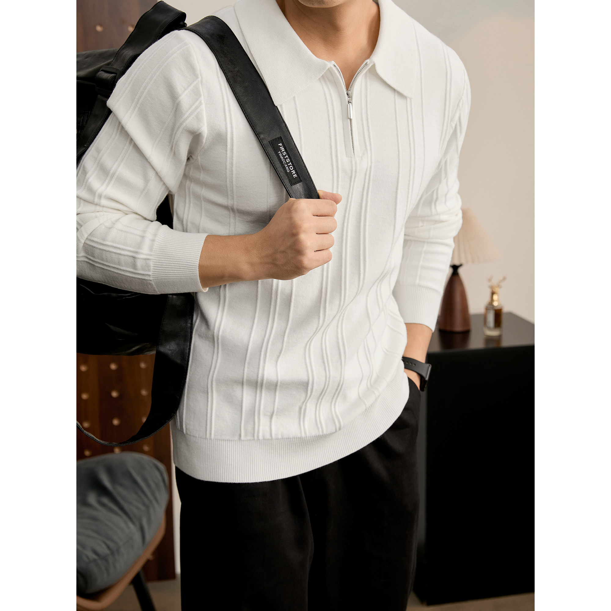 LUUD 老钱风暗条纹提花半拉链长袖POLO衫男百搭抗起球翻领针织衫,男装,针织衫/毛衣,淘宝优惠券,粉丝福利购,淘宝优惠卷