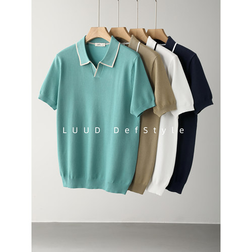 LUUD 夏季撞色包边海鸥领POLO衫短袖意式老钱风正肩合身针织T恤男