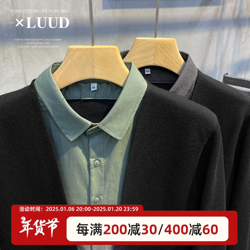 LUUD MENS FAKE TWO-PIECE CASUAL KNIT CARDIGAN FASHION LAPEL PANEL ENGLISH TOP SLIM FIT SHIRT SWEATER