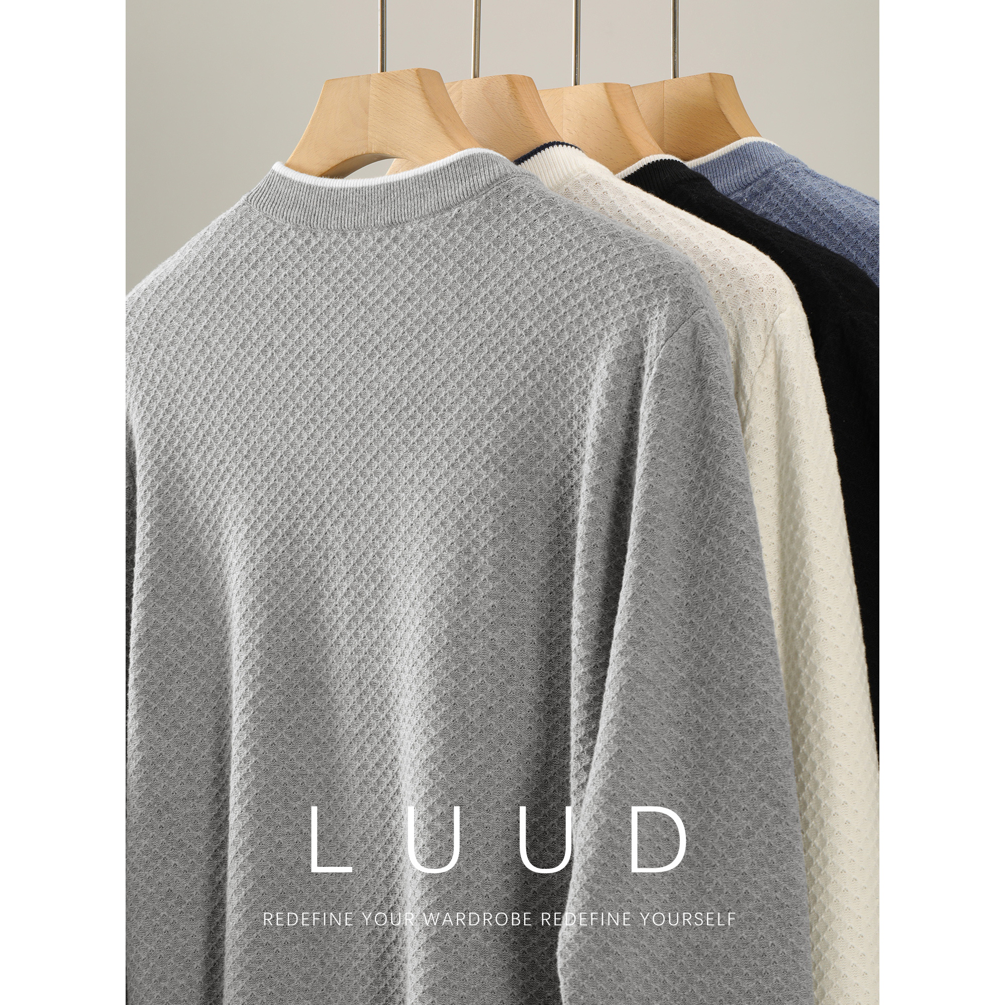 LUUD 100%纯棉撞色罗纹收边圆领毛衣男士提花肌理简约休闲针织衫