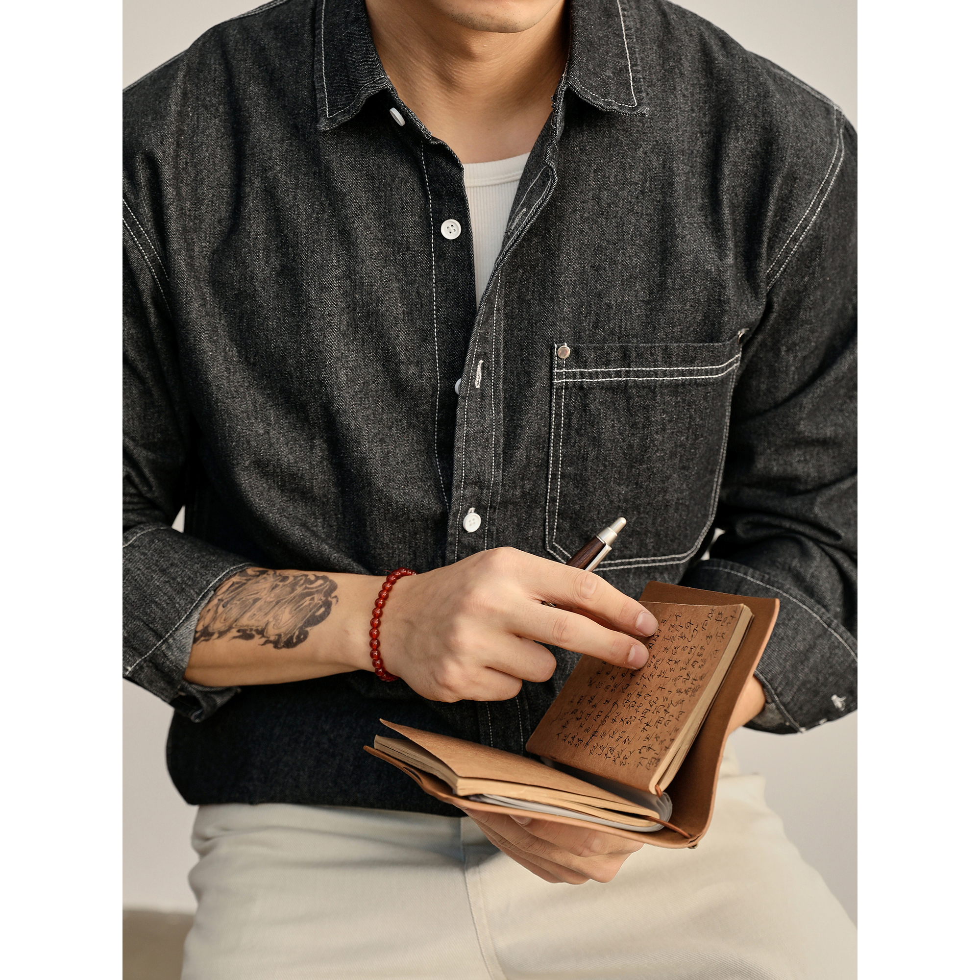 LUUD 雅痞复古男士辑明线100%纯棉衬衣外套铆钉贴袋原牛长袖衬衫