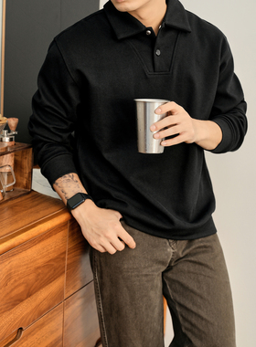 LUUD 重磅380g斜纹纯色宽松双按扣翻领POLO卫衣男日系cityboy上衣