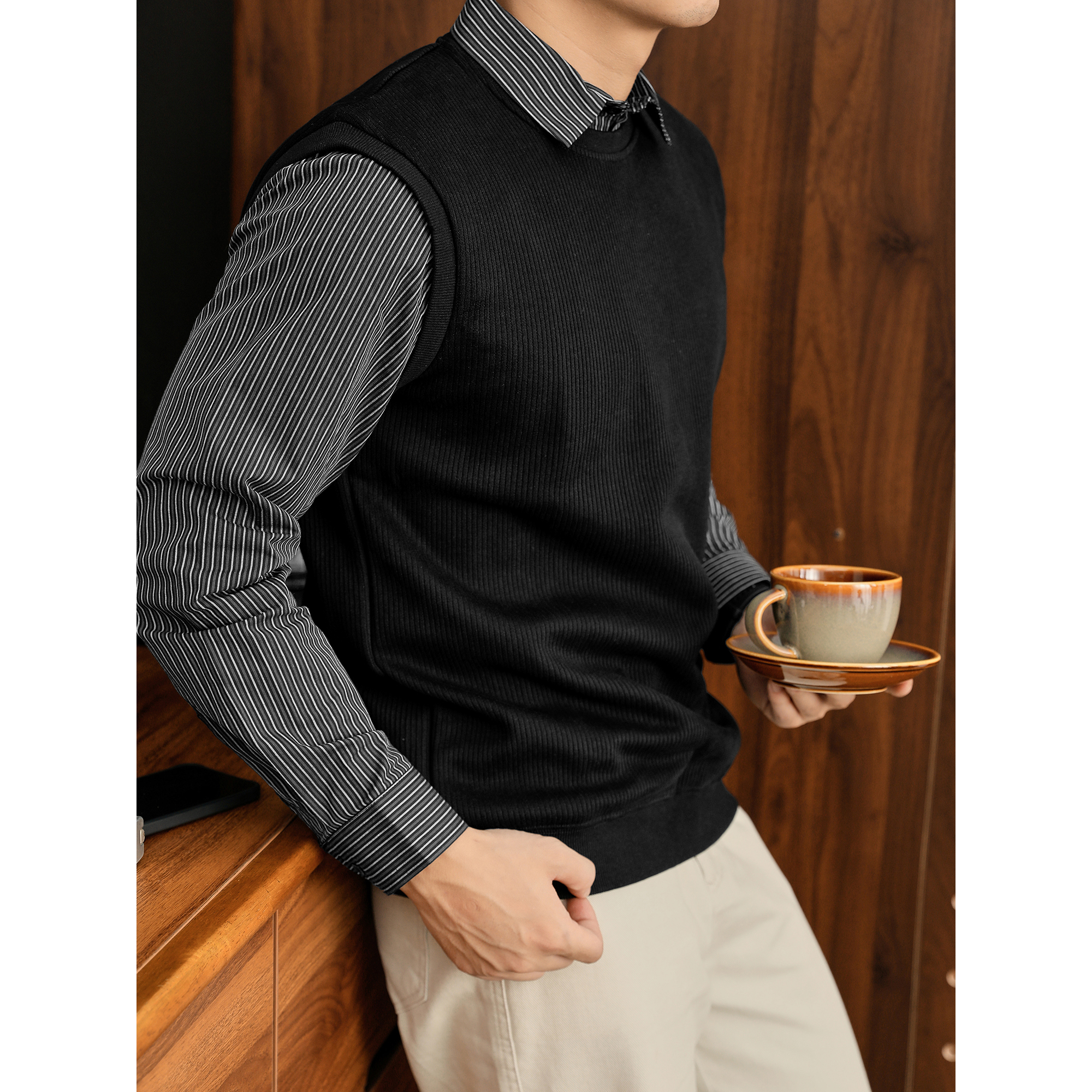 LUUD 针织马甲拼接条纹衬衫假两件卫衣男士秋冬时尚坑条肌理上衣