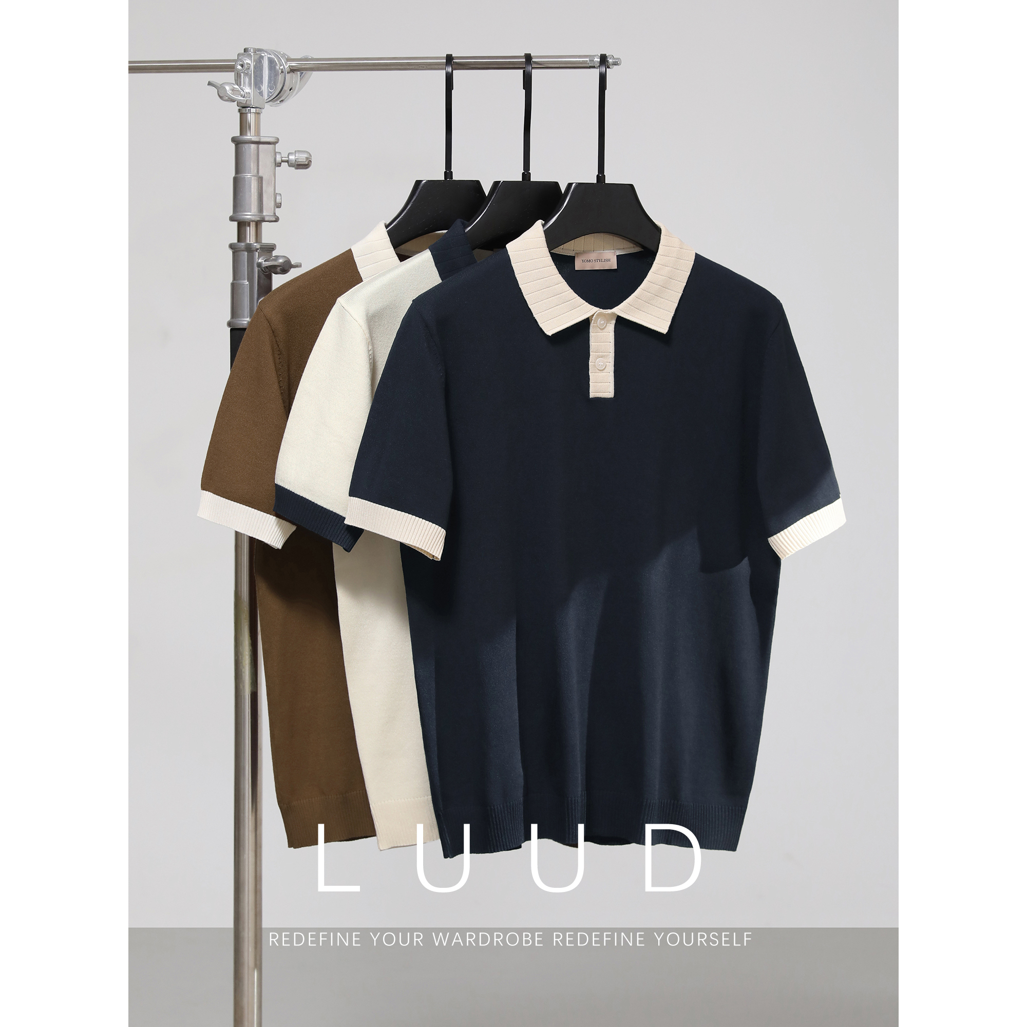 LUUD 轻熟风撞色坑条螺纹翻领POLO衫短袖男夏季休闲纽扣针织上衣