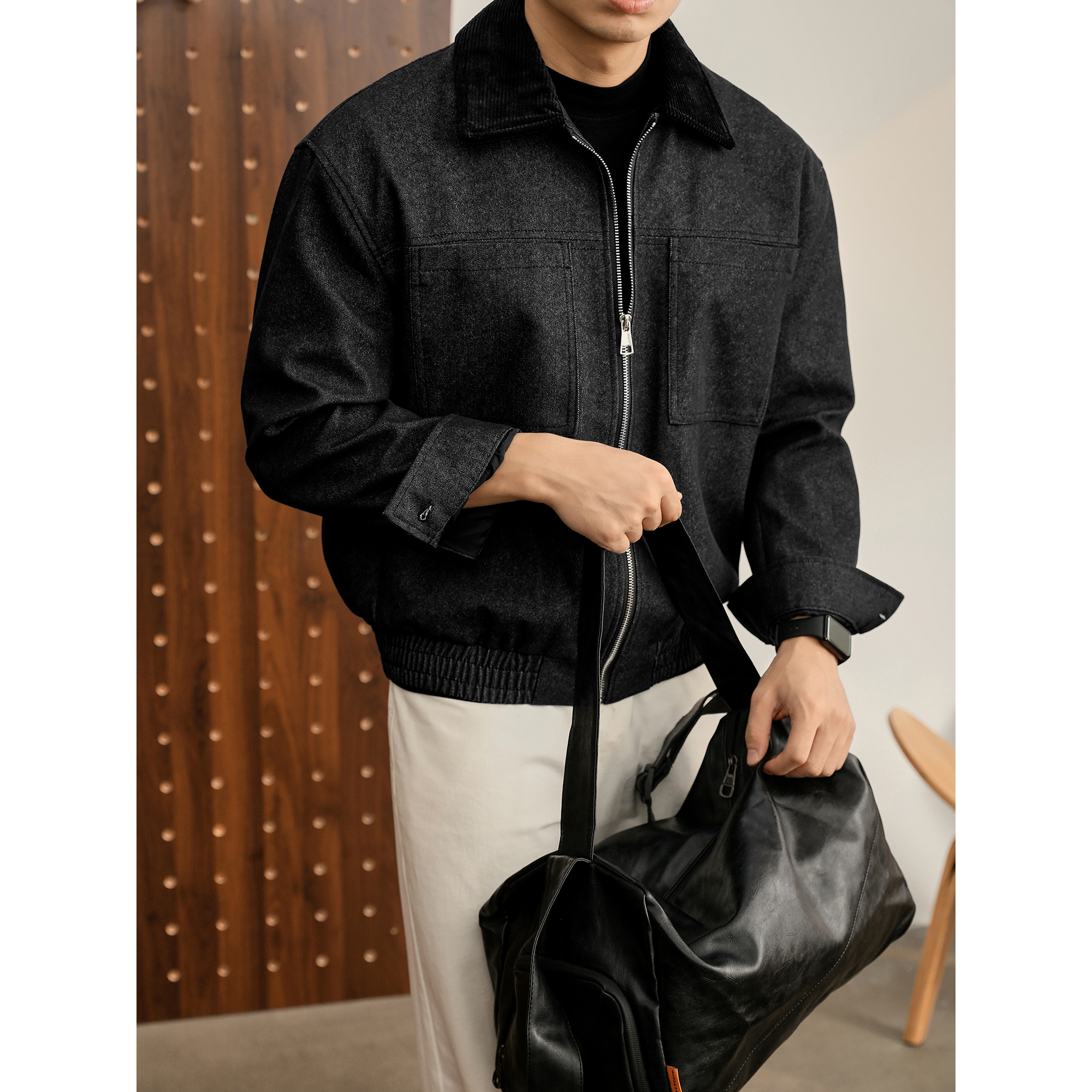 LUUD 轻熟时尚灯芯绒翻领休闲外套男士冬季分割式双贴袋短款夹克