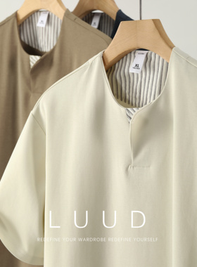 LUUD 时尚百搭款撞色条纹小开领短袖T恤男夏季简约休闲风微阔上衣
