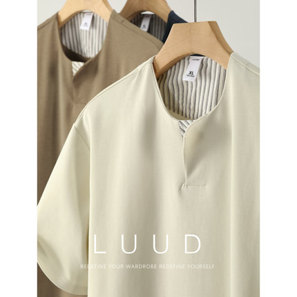 LUUD 时尚百搭款撞色条纹小开领短袖T恤男夏季简约休闲风微阔上衣