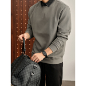 领拼接假两件针织衫 LUUD 老钱质感华夫格肌理套头卫衣男牛仔衬衫