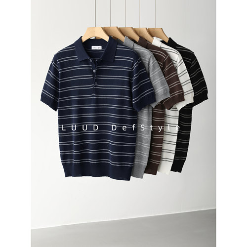 LUUD 夏季天丝莱赛尔混纺翻领POLO衫短袖撞色纱线织条纹针织T恤男
