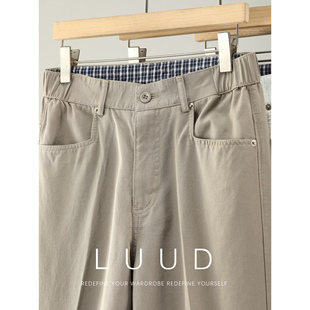 男夏莱赛尔混纺水洗棉休闲长裤 LUUD 格纹拼接立体裁剪直筒牛仔裤