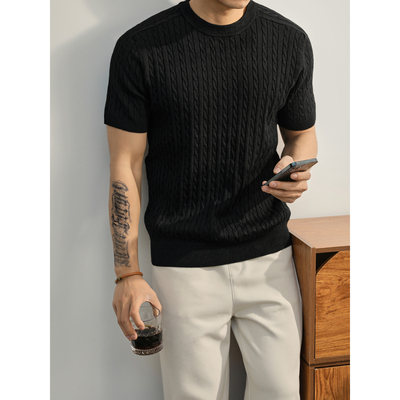 LUUD 男士都市潮流黑色针织T恤夏季时尚麻绳纹理上衣含羊毛短袖衫