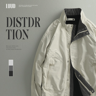 LUUD 高街内里格纹拼接料外套拉链口袋立领夹克潮男休闲上衣 美式