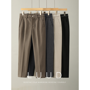 男冬手工压褶定型内里磨毛直筒长裤 口拼料免熨烫毛呢西裤 裤 LUUD