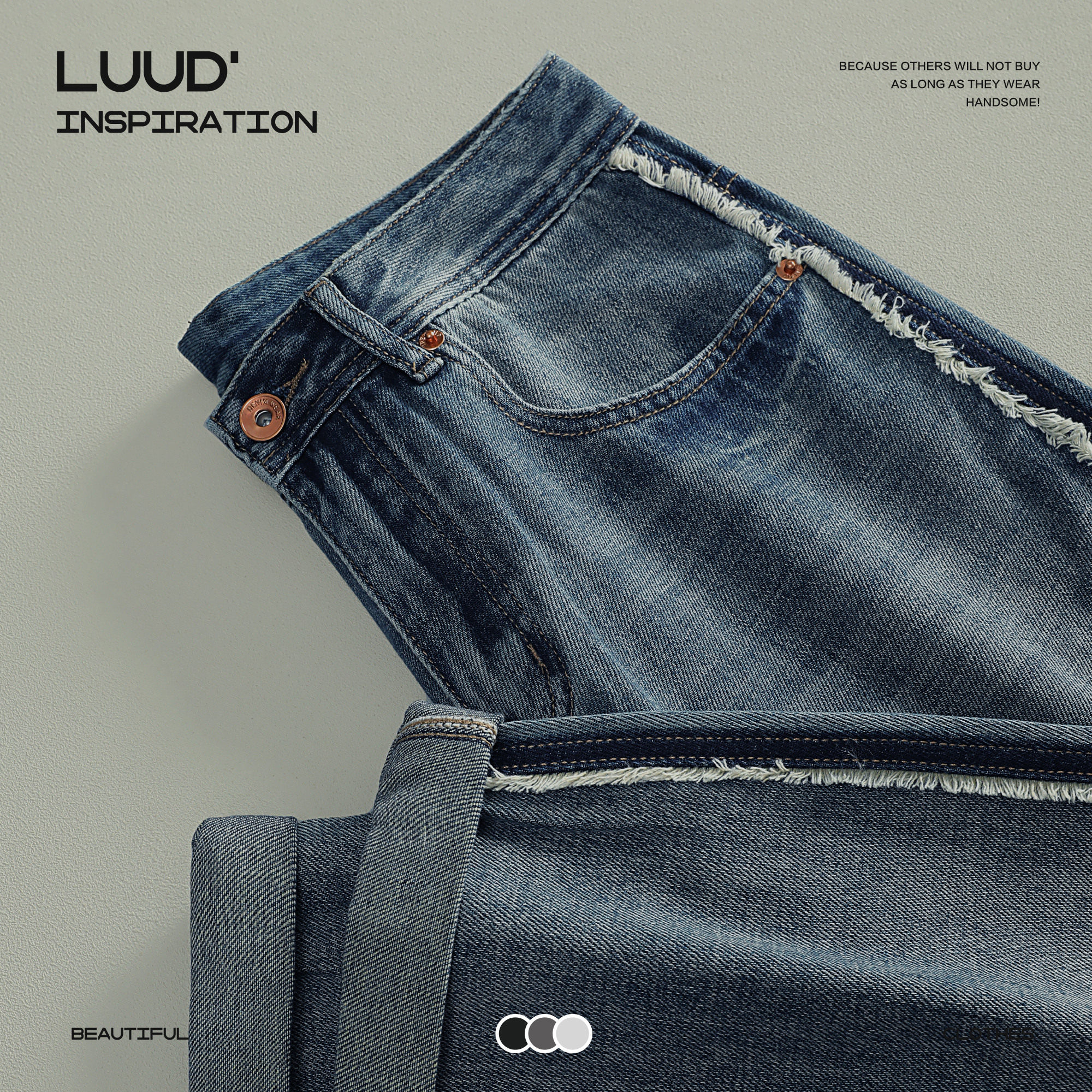 LUUD 设计感刮烂毛边牛仔裤复古锥形裤子洗水做旧水洗透气长裤子