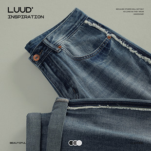 子洗水做旧水洗透气长裤 复古锥形裤 子 设计感刮烂毛边牛仔裤 LUUD