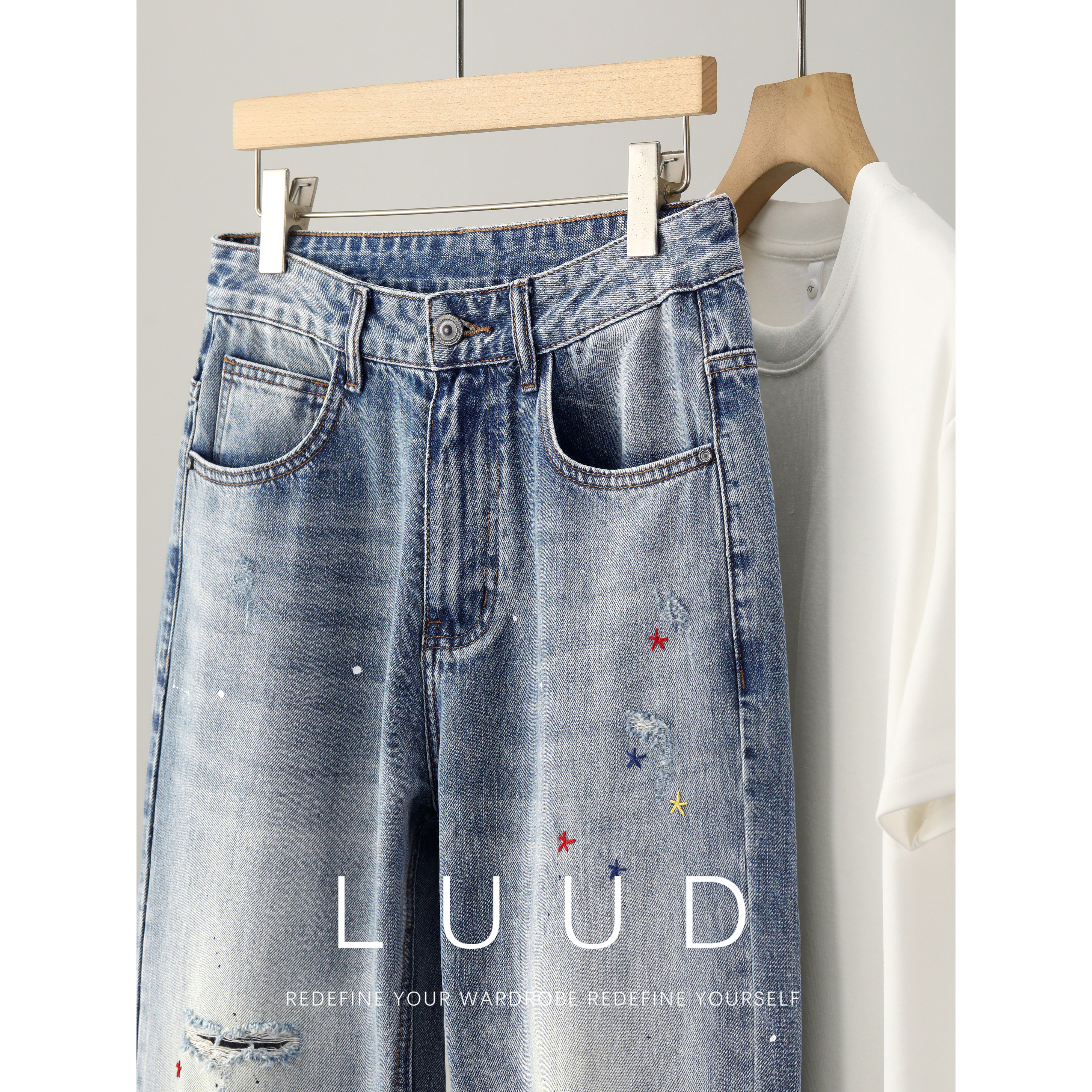 LUUD 个性潮流直筒水洗丹宁牛仔裤男创意趣味刺绣破洞装饰休闲裤