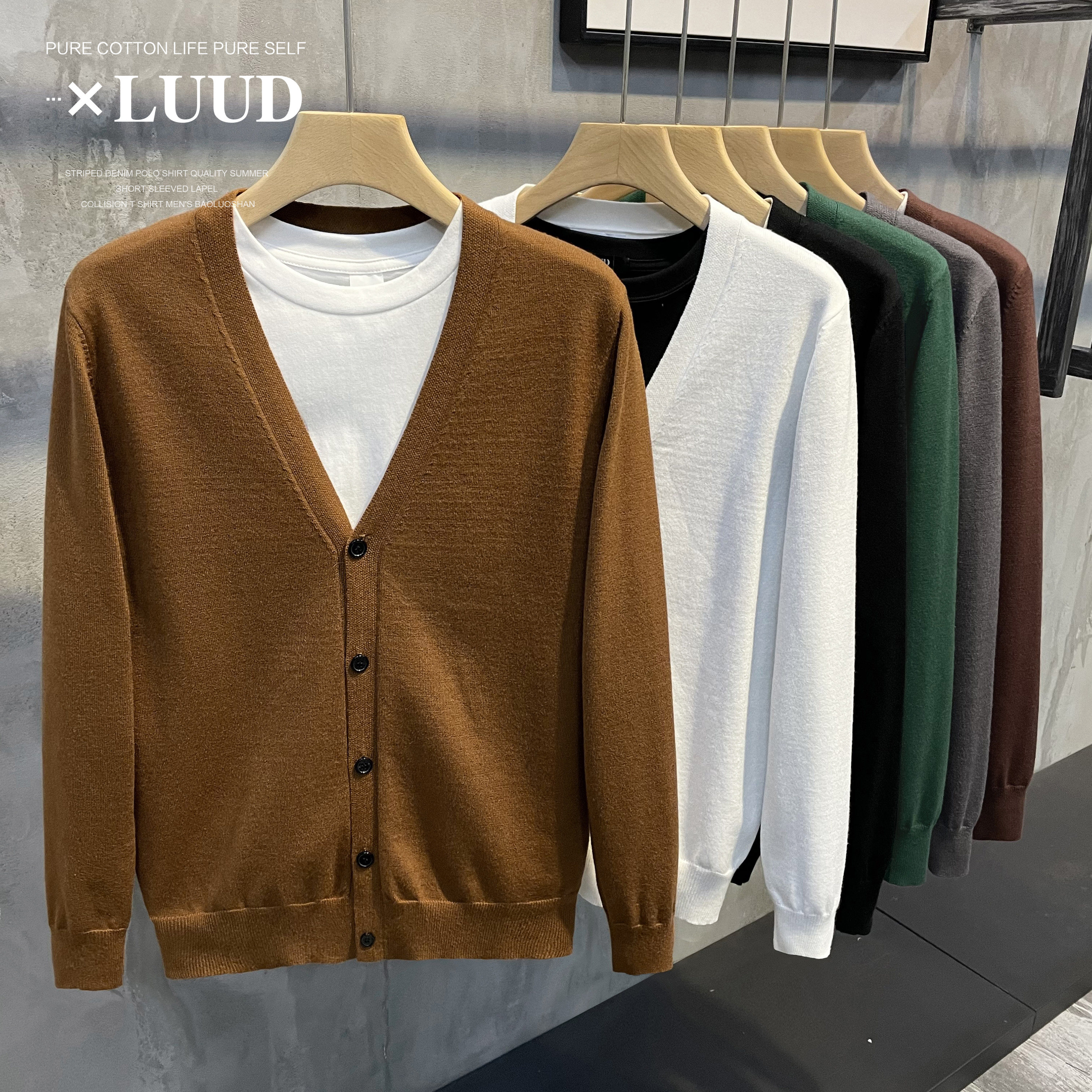 LUUD 남성용 심플 솔리드 컬러 니트 V 넥 가디건 가벼운 럭셔리 신사 가을 겨울 다목적 싱글 브레스트 스웨터 재킷