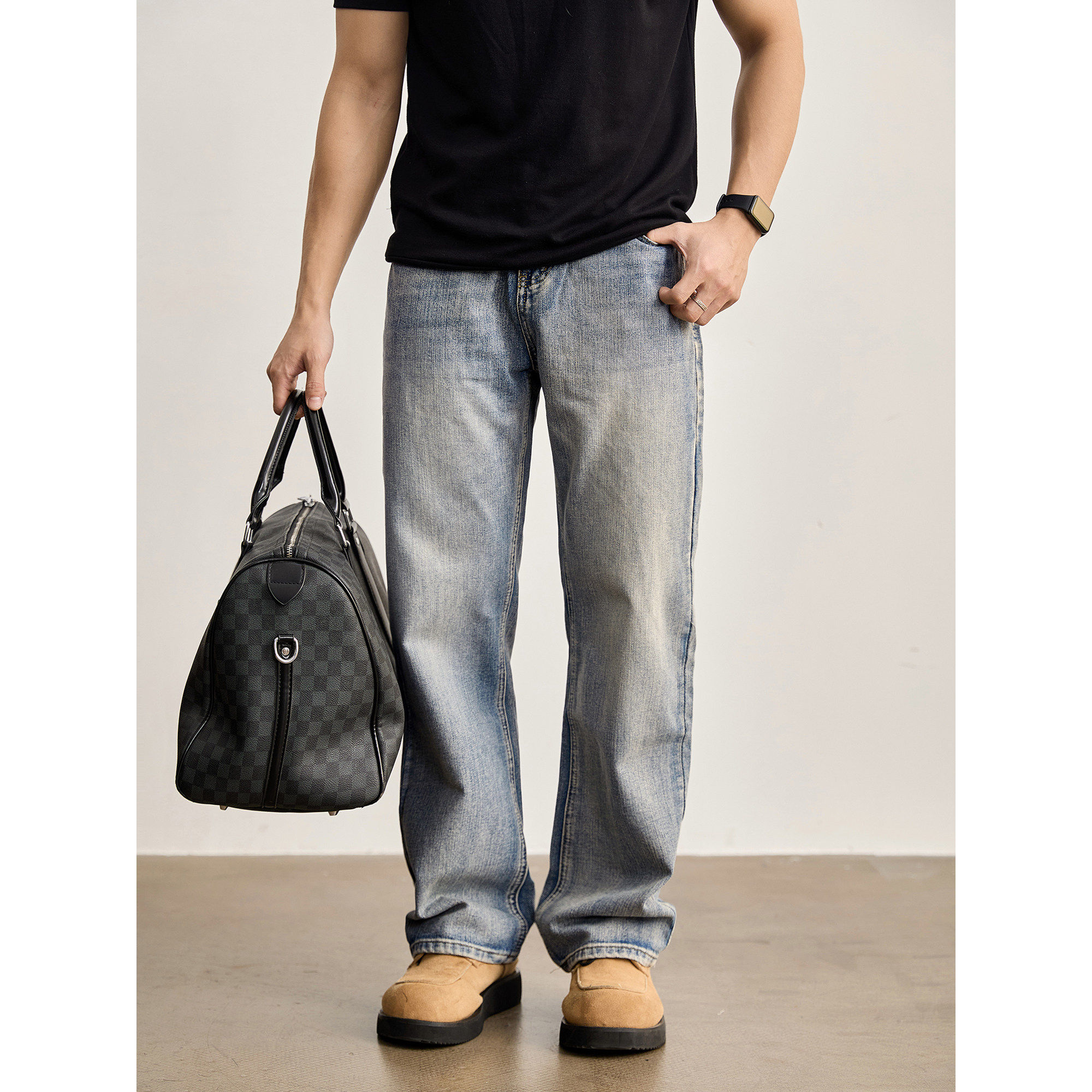 LUUD 竹节蓝猫须复古直筒牛仔裤男美式潮流水洗做旧休闲长裤夏装